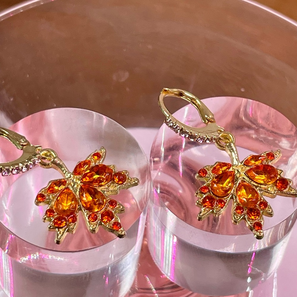 Tangerine Quartz Leaf SET. Earrings and Pendant Necklace. 14k plated - Picture 5 of 8